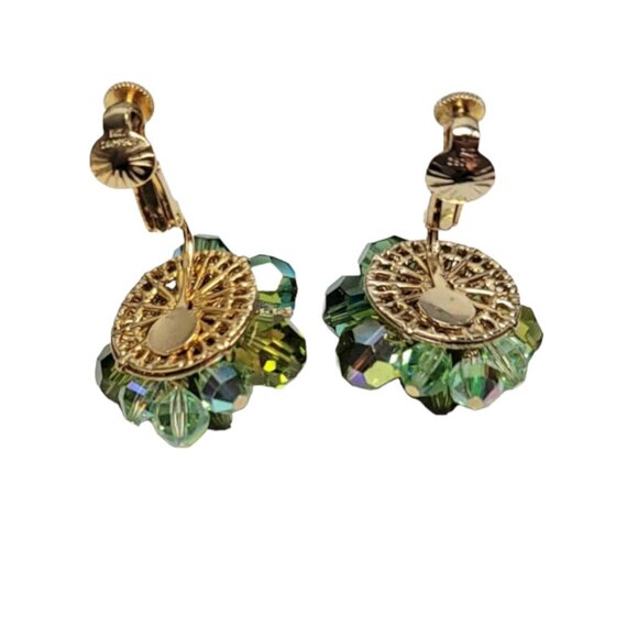 Vendome Gold Tone Green Beaded Faceted Glass Clip On Earrings, Signed - Picture 3 of 6